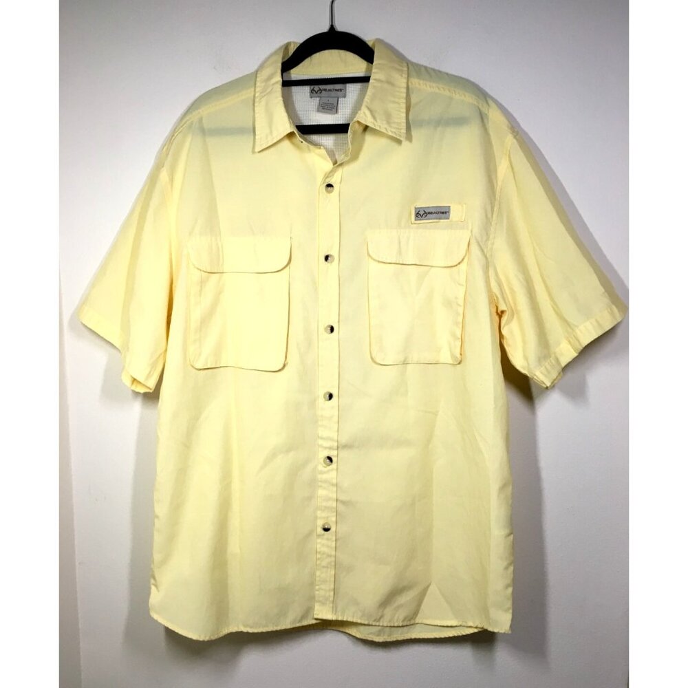 Realtree Fishing Shirt L Mens Yellow Vented Short Sleeve Cotton Blend Chest 45.5
